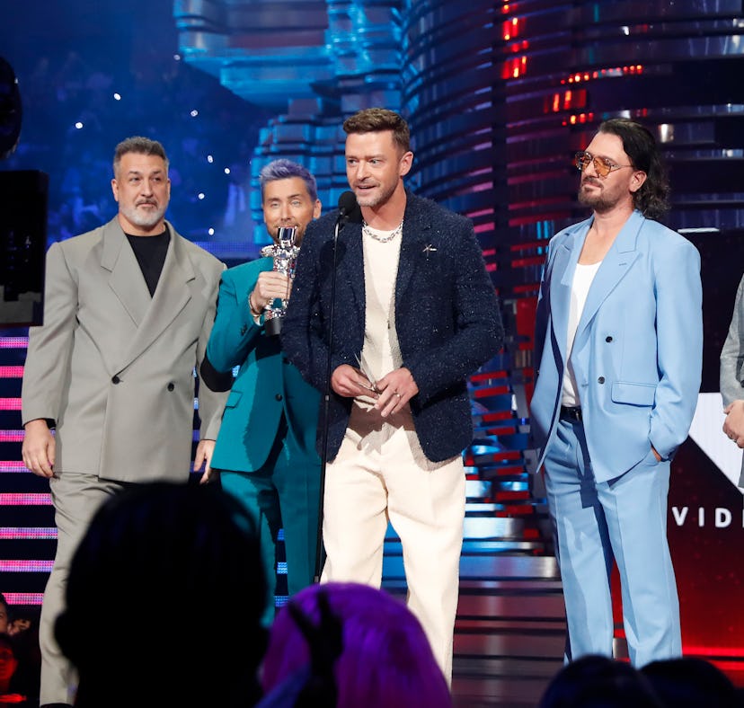 NEWARK, NEW JERSEY - SEPTEMBER 12: (L-R) Joey Fatone, Lance Bass, Justin Timberlake, JC Chasez, and ...