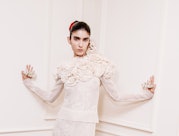 A model backstage at Palomo Spain Spring 2024 Ready To Wear Runway Show at the Plaza Hotel on Septem...