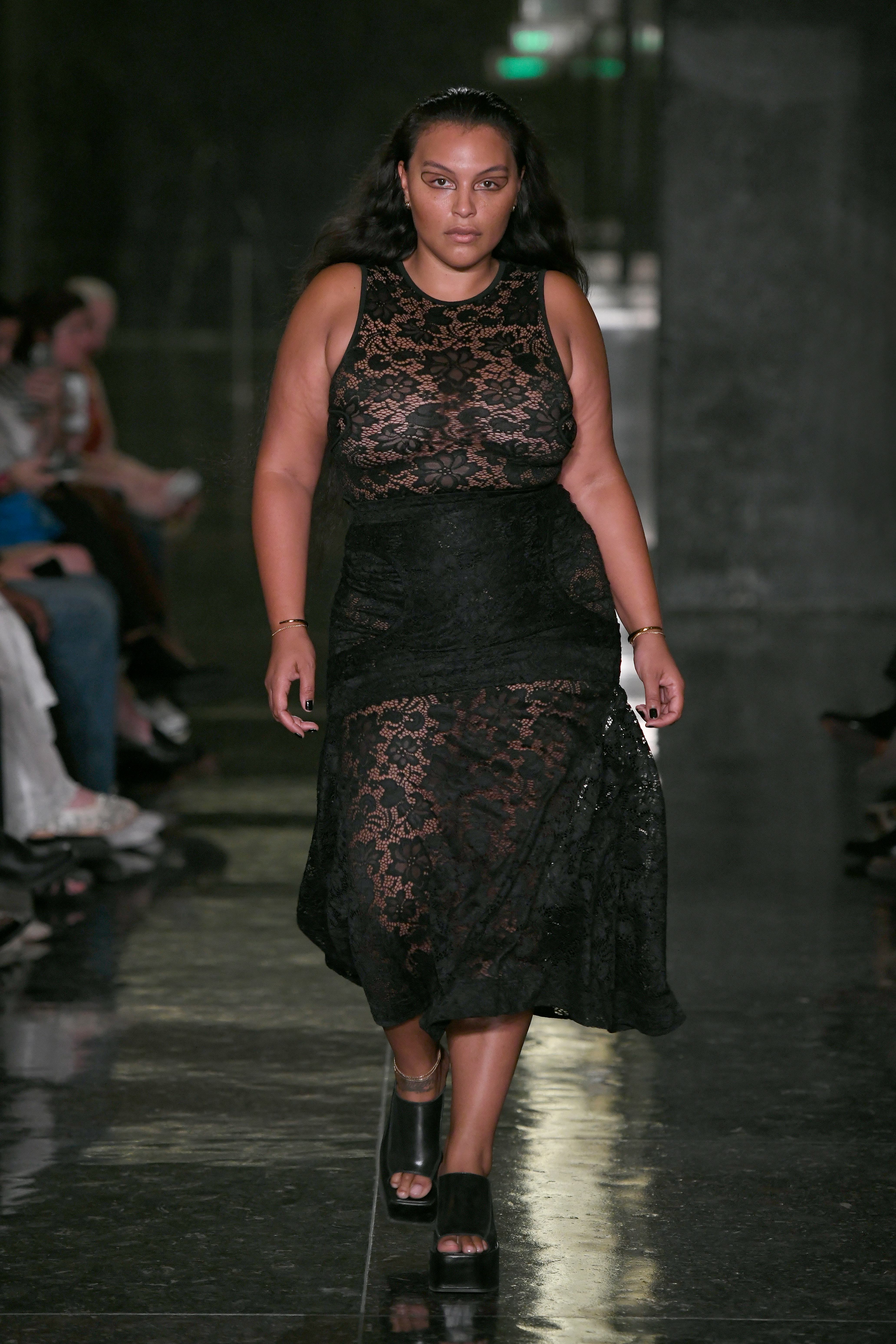 Paloma Elsesser walks the runway at the Eckhaus Latta show during New York Fashion Week.