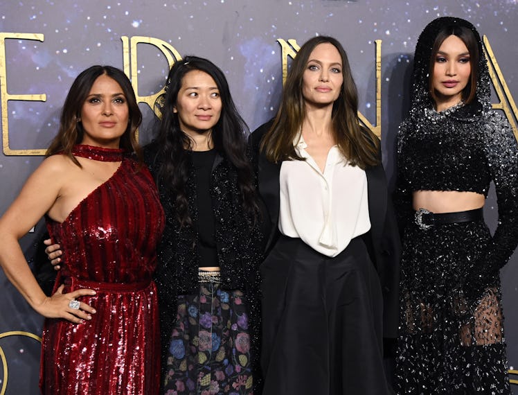 Salma Hayek, director Chloe Zhao, Angelina Jolie and Gemma Chan attend the "The Eternals" UK Premier...