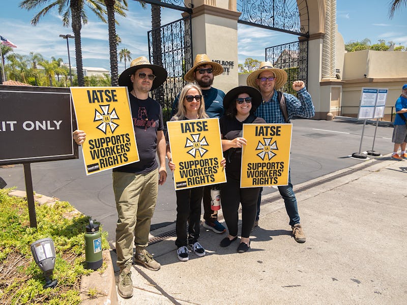 LOS ANGELES, CALIFORNIA - JULY 21: Members of IATSE join SAG-AFTRA and WGA on their picket at Netfli...
