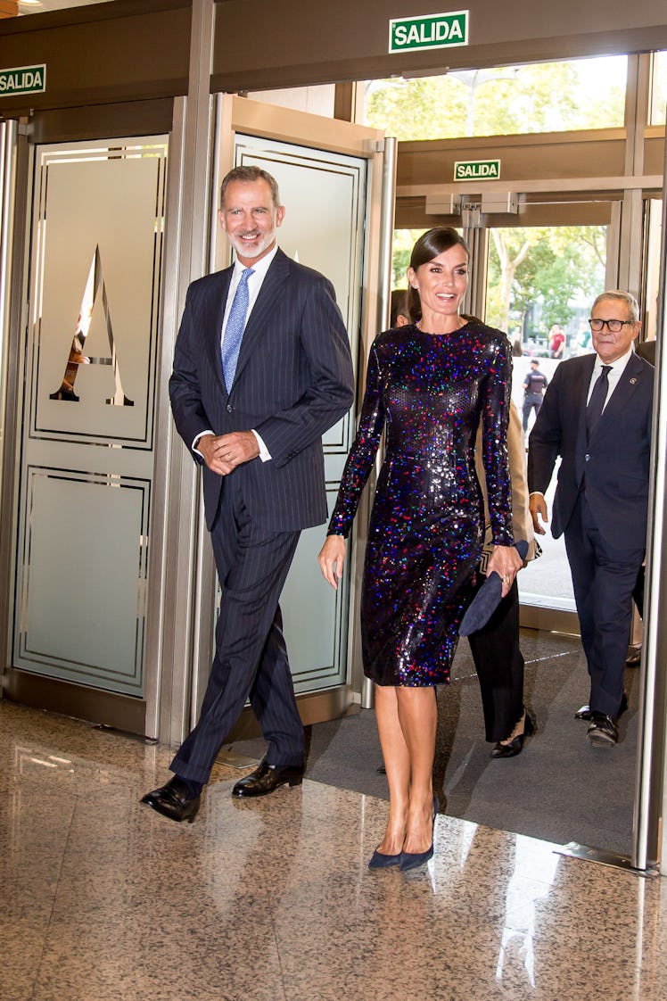 The King and Queen of Spain on their arrival at the extraordinary concert of the National Orchestra ...