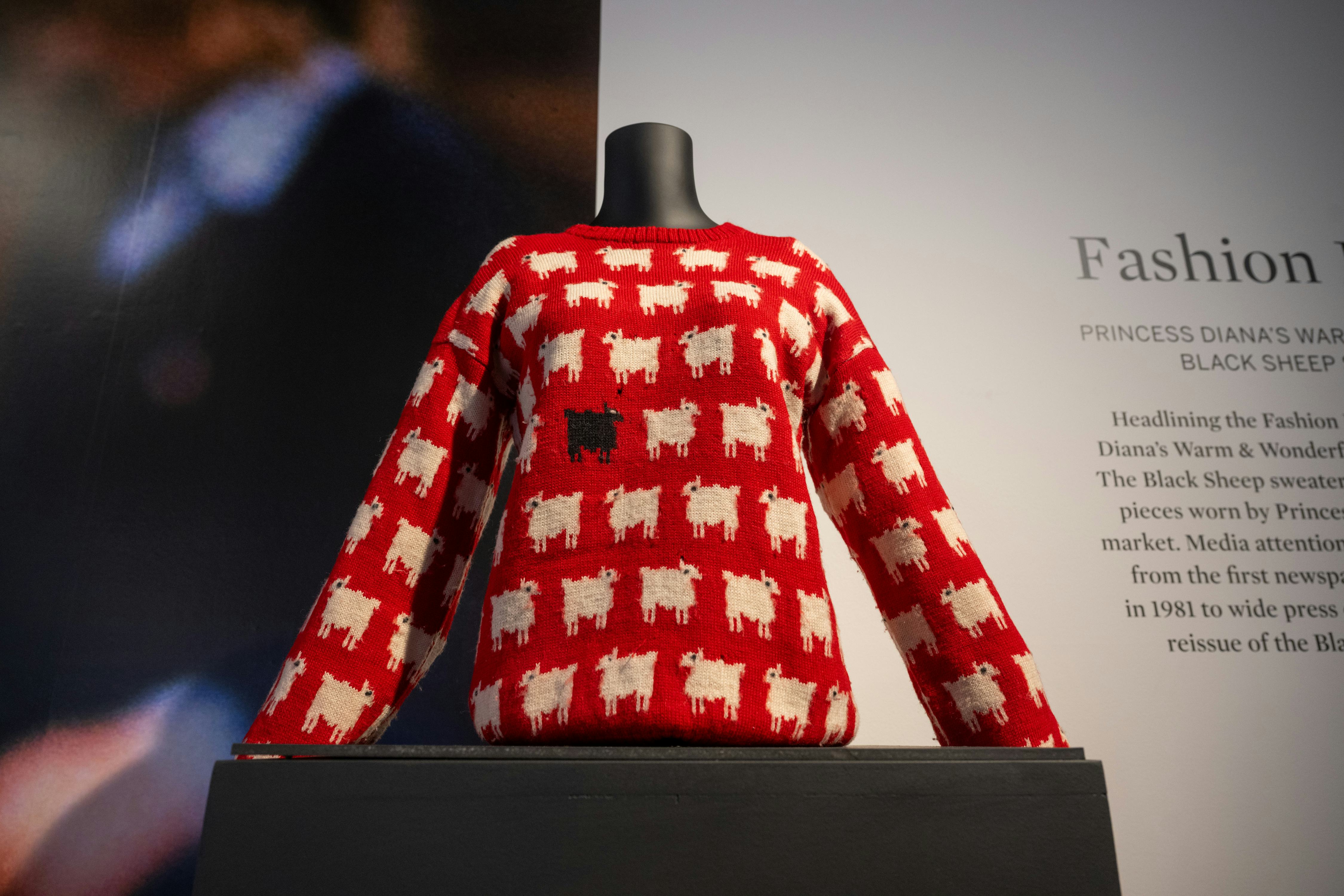 Princess Diana’s Black Sheep Sweater on display at Sotheby&rsquo;s on September 07, 2023 in New York City.