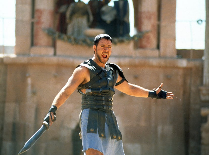Russell Crowe with sword in a scene from the film 'Gladiator', 2000.