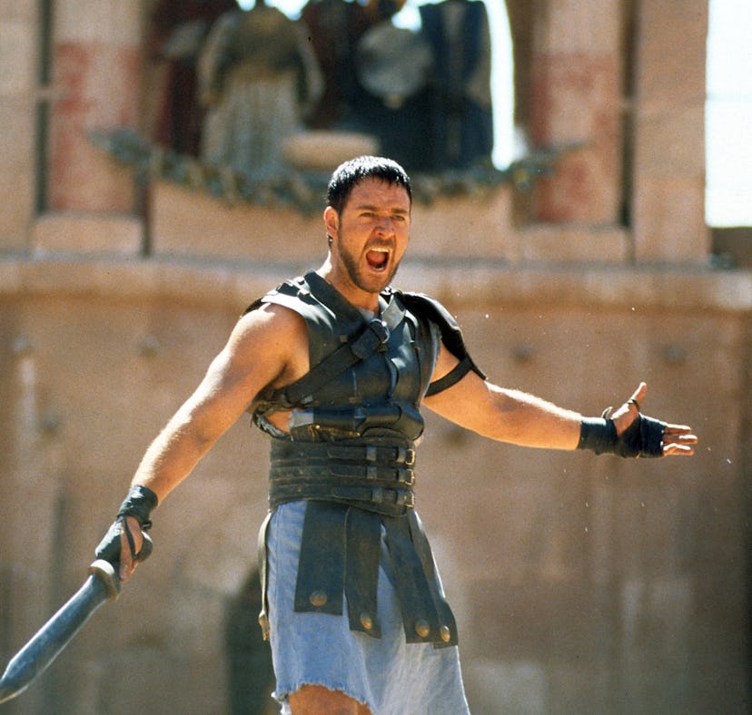 Russell Crowe with sword in a scene from the film 'Gladiator', 2000.