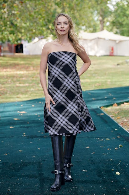 Jodie Comer arrives for the Burberry show at Highbury Baptist Church in London, during London Fashio...