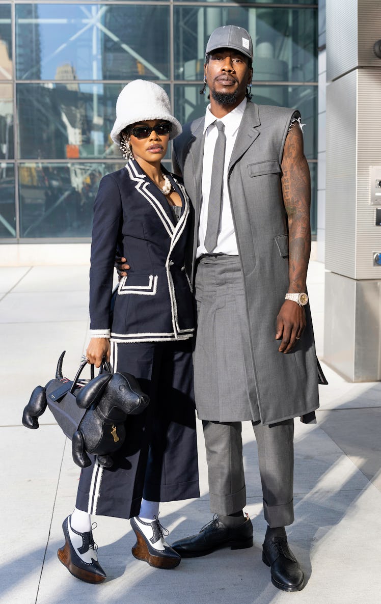 Teyana Taylor and Iman Shumpert are seen arriving to Thom Browne Fall 2022 runway show at Javits Cen...