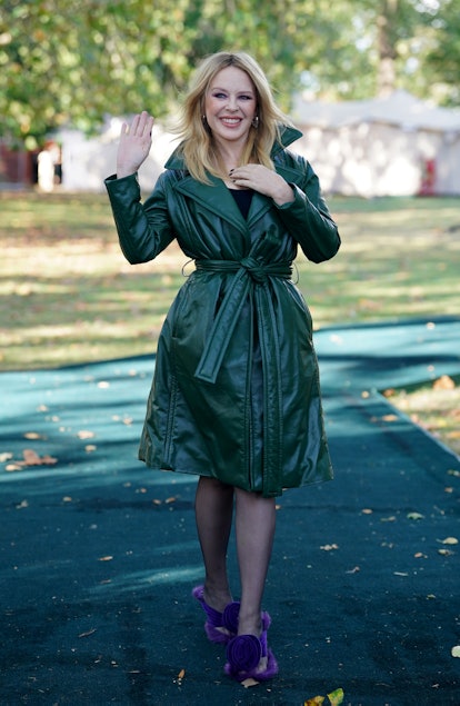Kylie Minogue arrives for the Burberry show at Highbury Baptist Church in London, during London Fash...