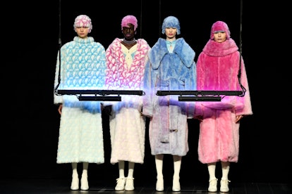 Models pose on the runway during the Anrealage Womenswear Fall Winter 2023-2024 show as part of Pari...