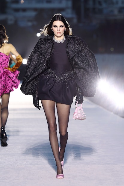Kendall Jenner walks the runway during the Versace FW23 Show at Pacific Design Center on March 09, 2...