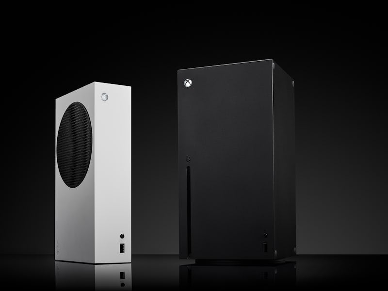 A pair of Microsoft home video game consoles, including an Xbox Series S (L) and Xbox Series X, take...
