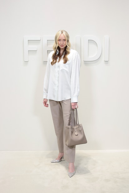 Gwendoline Christie attends the Fendi Spring Summer 2024 fashion show on September 20, 2023 in Milan...