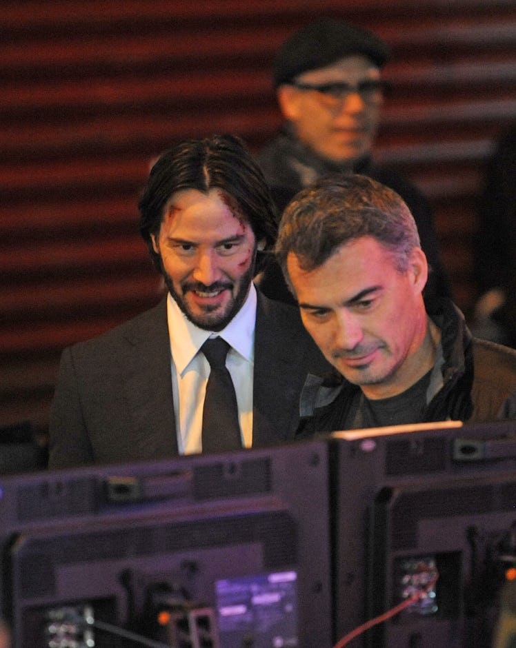 NEW YORK, NY - NOVEMBER 16: Actor Keanu Reeves and director Chad Stahelski on the set of "John Wick ...