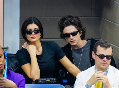 NEW YORK, NEW YORK - SEPTEMBER 10: Kylie Jenner and Timothée Chalamet are seen at the Final game wi...