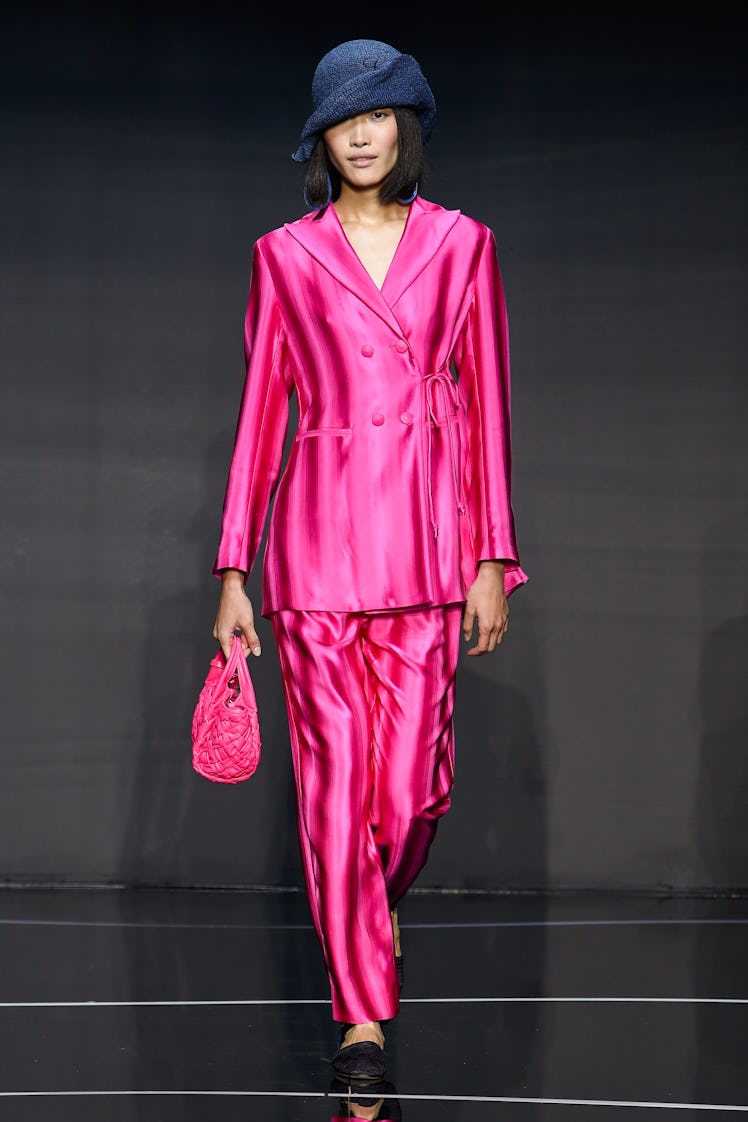 Model on the runway at the Emporio Armani Spring 2024 Ready To Wear Fashion Show on September 21, 20...