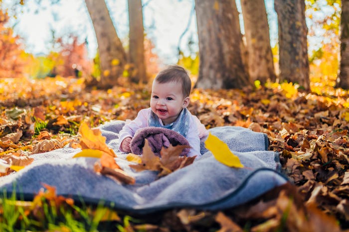 Cute baby girl on blanket at park on sunny autumn day