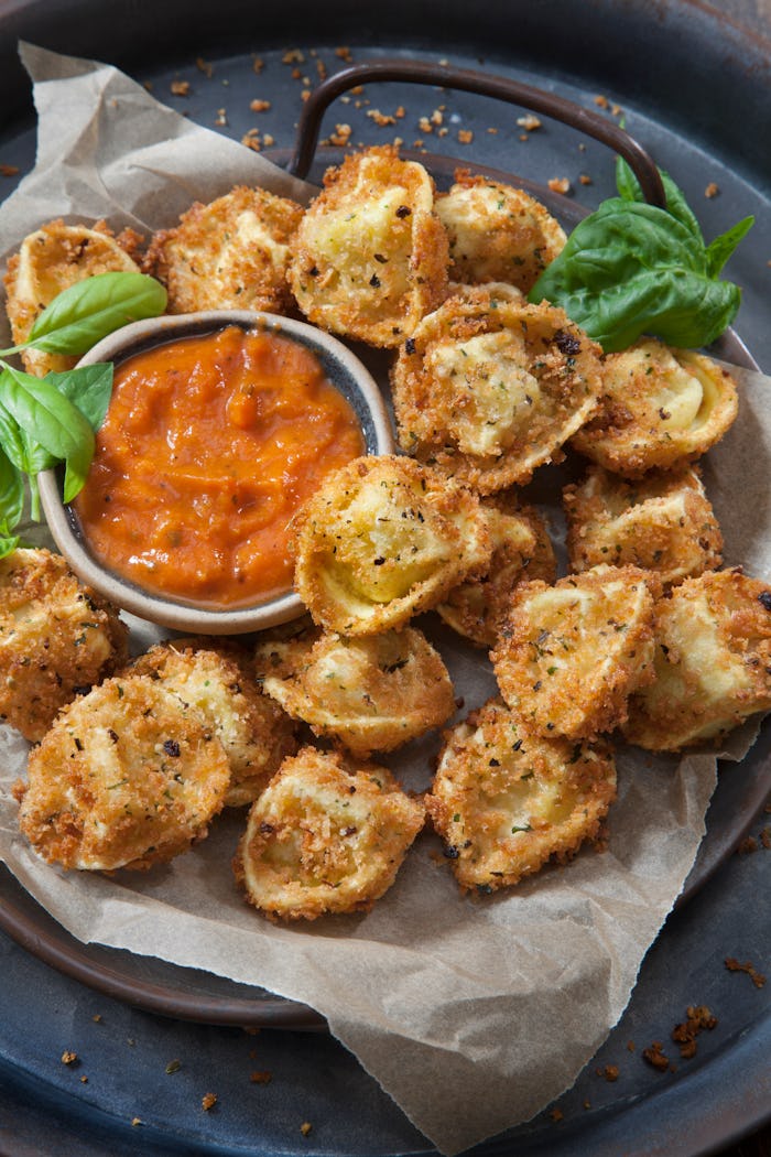 Deep Fried Cheese Tortellini with Fresh Basil and Marinara Sauce