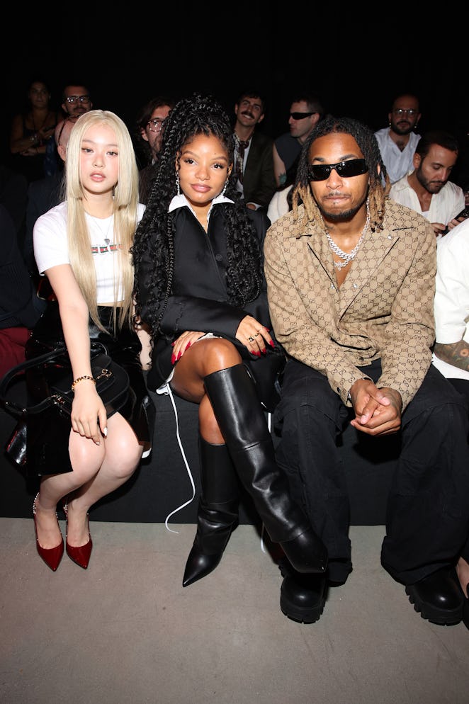 MILAN, ITALY - SEPTEMBER 22: (L-R) Hanni, Halle Bailey and DDG are seen at Gucci Ancora during Milan...