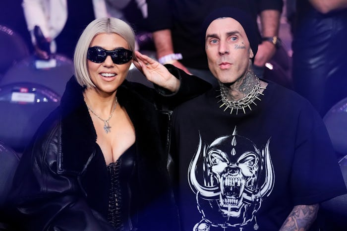 LAS VEGAS, NEVADA - MARCH 04: Kourtney Kardashian and Travis Barker attend the UFC 285 event at T-Mo...