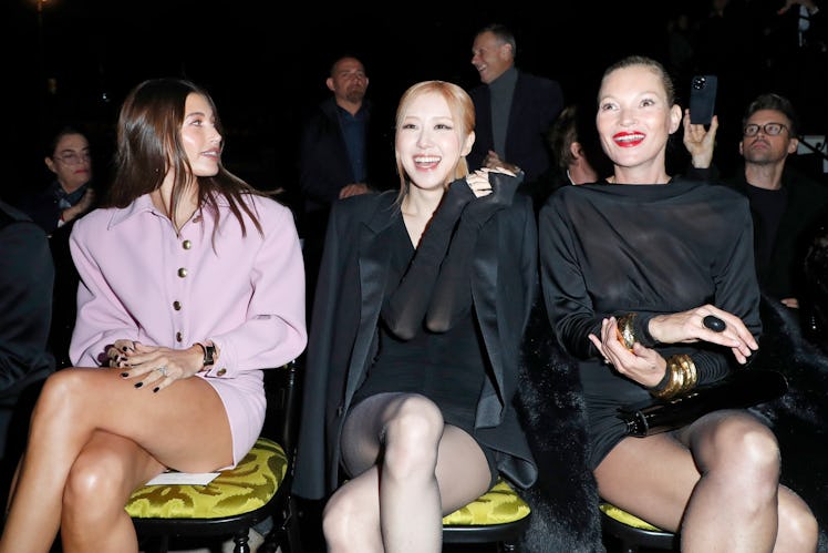 Zoe Kravitz, Hailey Bieber, Rosé, and Kate Moss in front row at Saint Laurent RTW Spring 2023 photog...