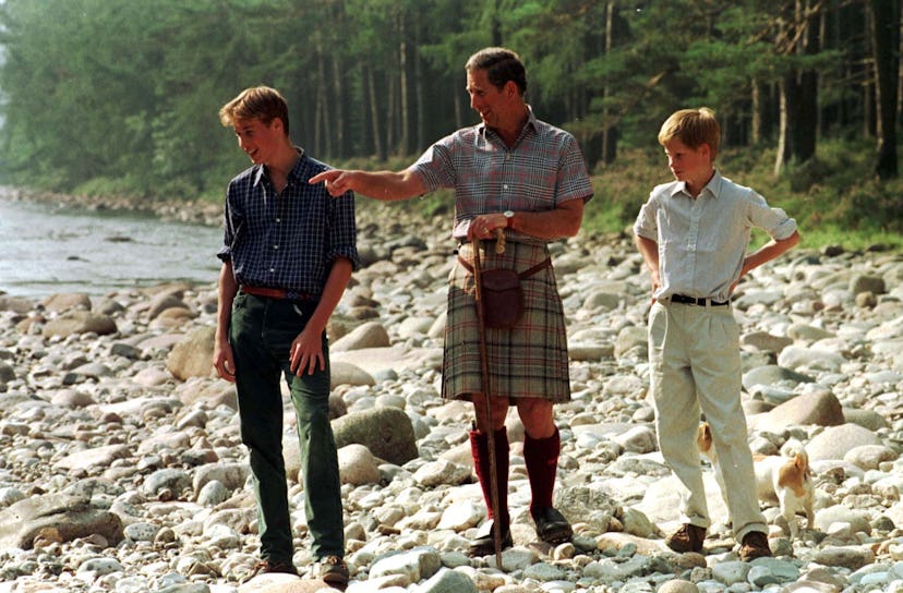 King Charles with his then-teenage sons William and Harry during a morning walk at Balmoral Estate.