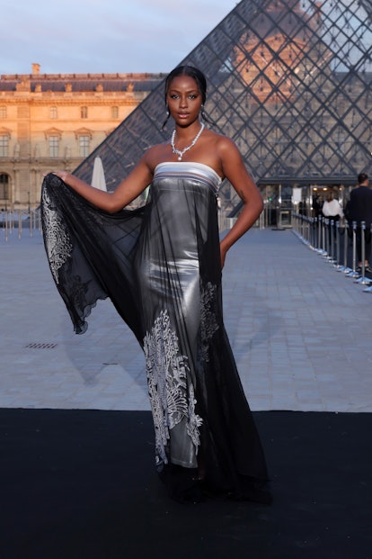 Justine Skye attends the Lancome X Louvre photocall as part of Paris Fashion Week on September 26, 2...