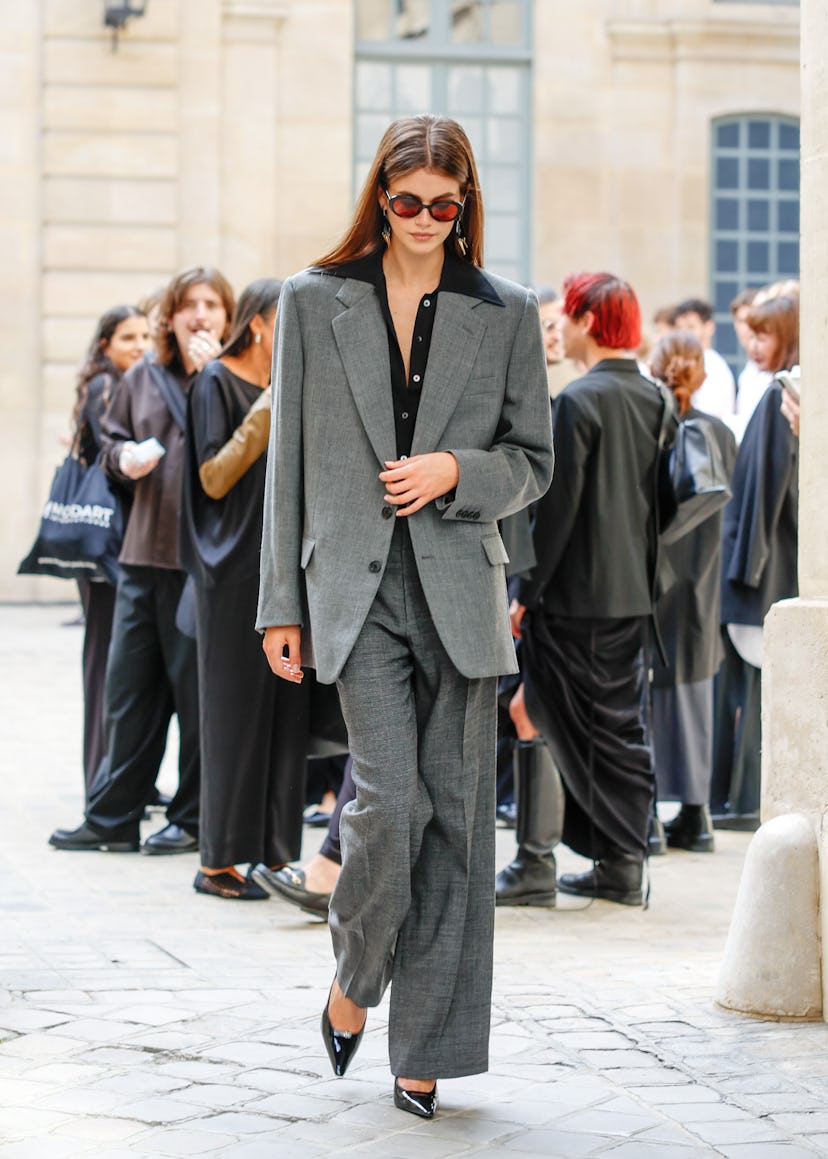 Kaia Gerber is seen attending The Row runway show during Paris Fashion Week on September 27, 2023 in...