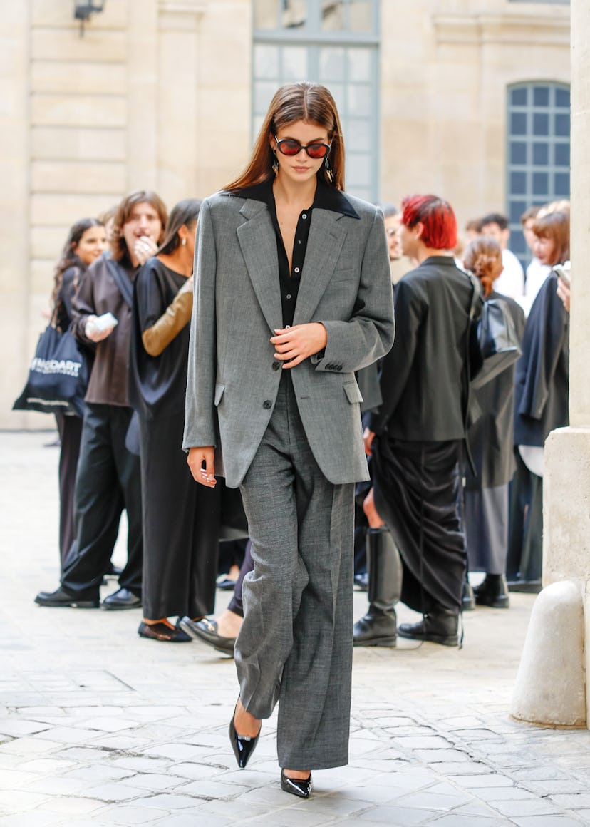 Kaia Gerber is seen attending The Row runway show during Paris Fashion Week on September 27, 2023 in...