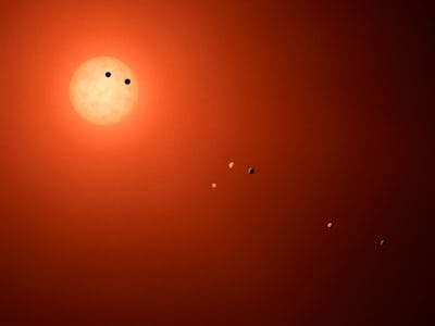 This illustration shows the seven TRAPPIST-1 planets as they might look as viewed from Earth using a...