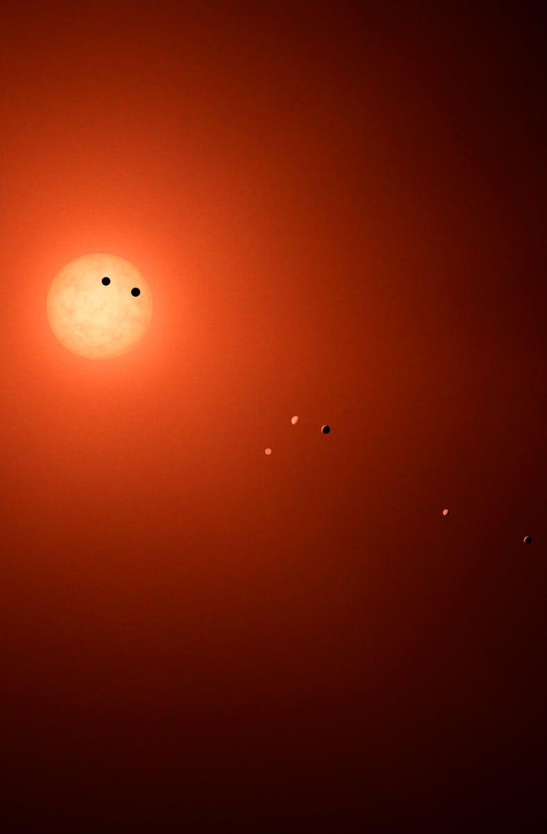 This illustration shows the seven TRAPPIST-1 planets as they might look as viewed from Earth using a...