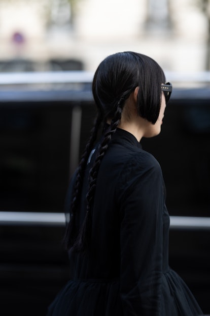 Braided ponytail is a street style beauty trend for Paris Fashion Week Spring/Summer 2024