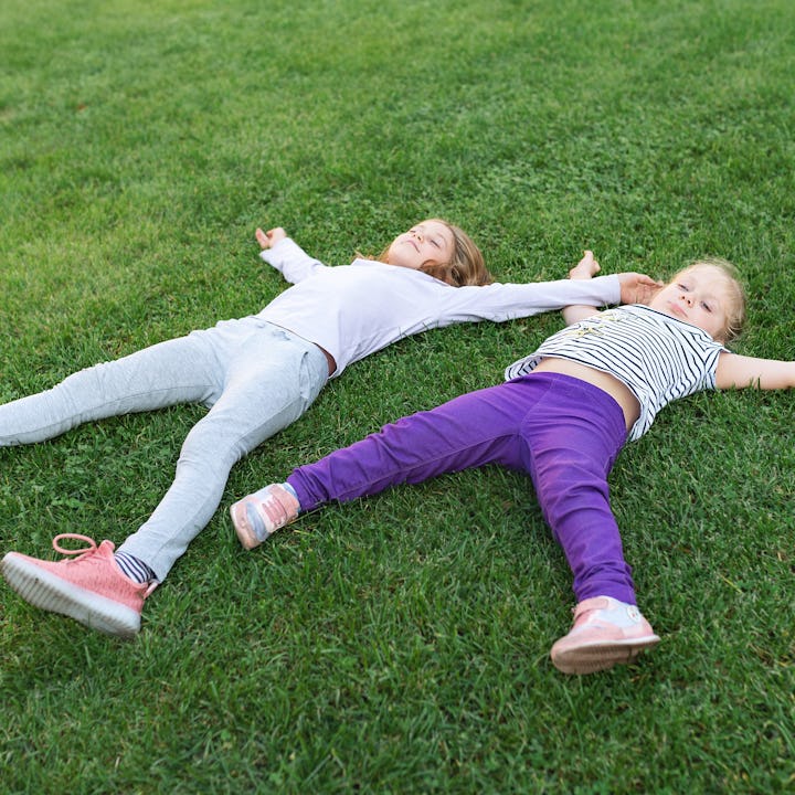Two cheerful girls sisters are lying on green grass on the lawn. Children are having fun in fresh ai...