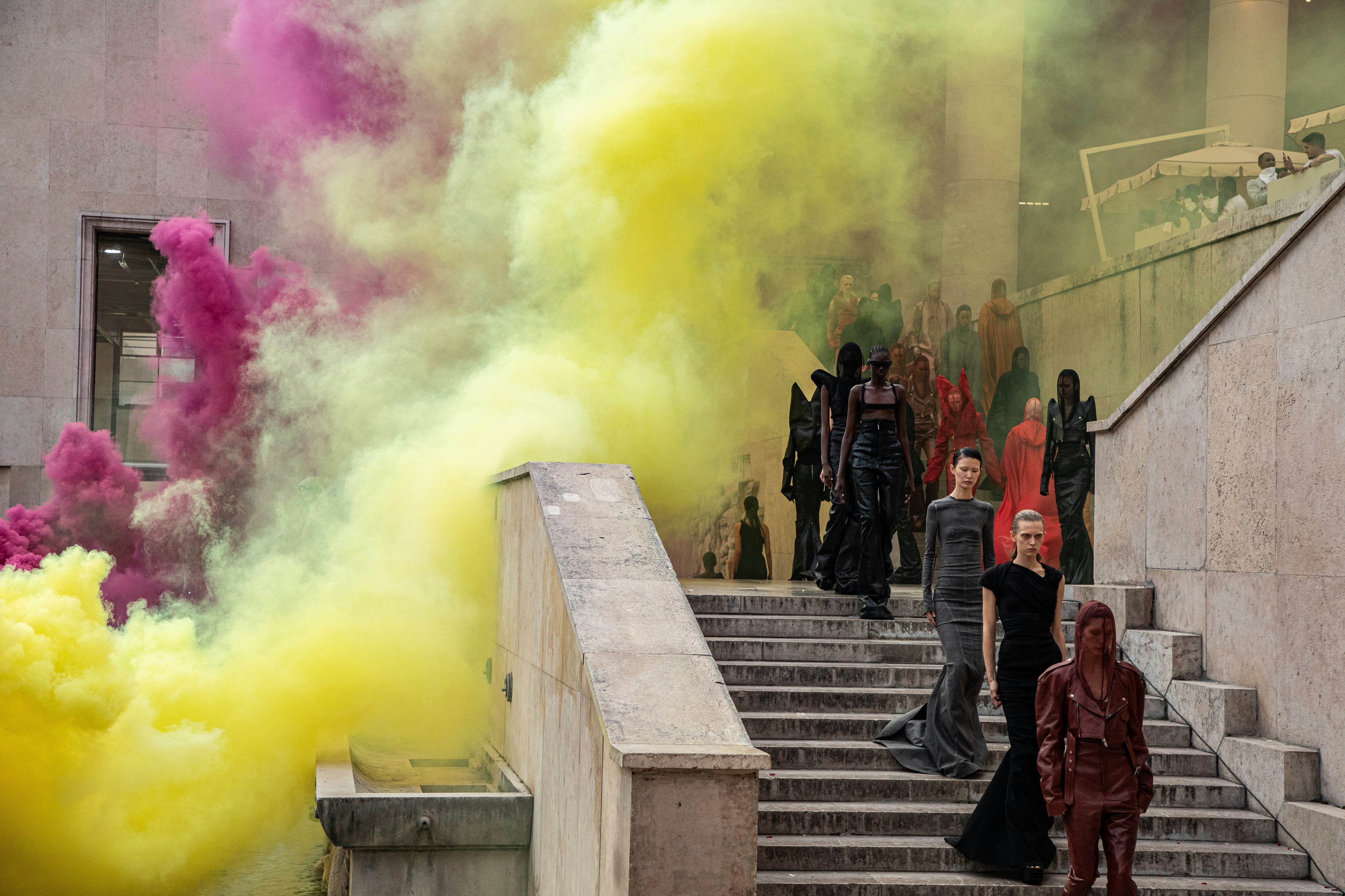 Models walk the runway during the Rick Owens Ready to Wear Spring/Summer 2024 fashion show.
