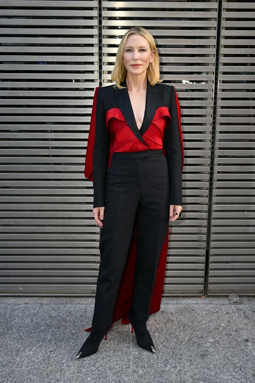 Cate Blanchett attends the Alexander McQueen SS24 show during Paris Fashion Week at Le Carreau du Te...