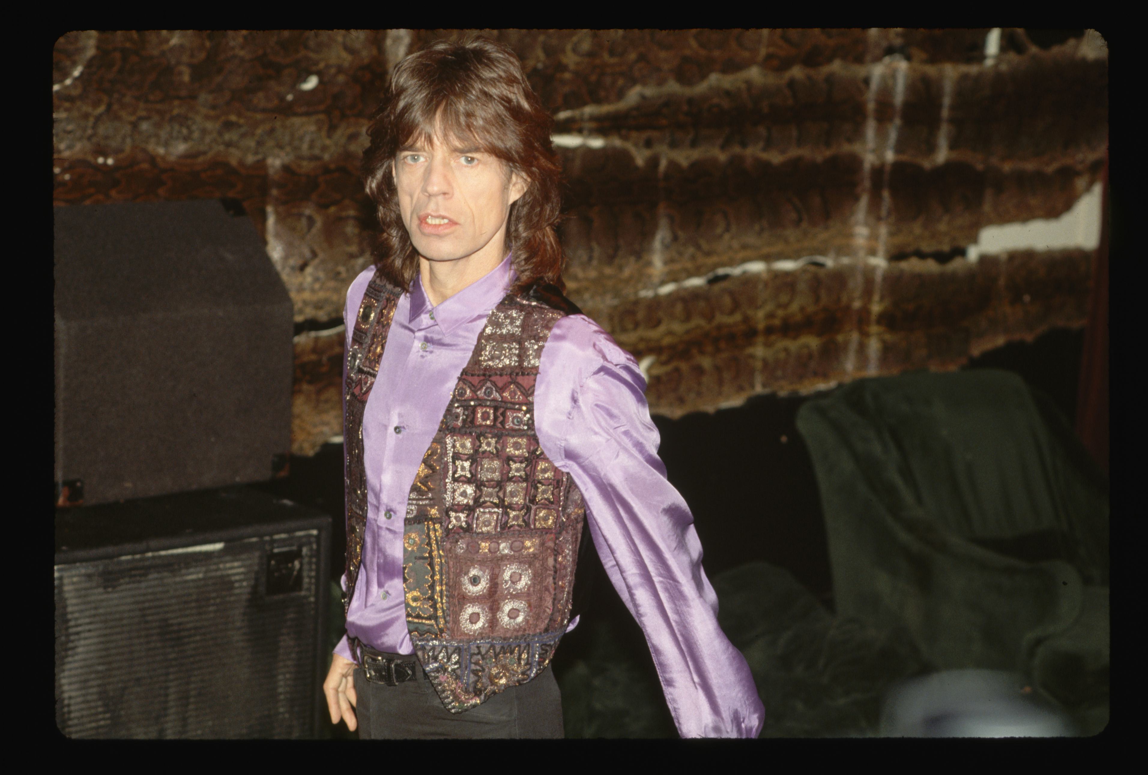 Mick Jagger of The Rolling Stones wears Anna Sui.