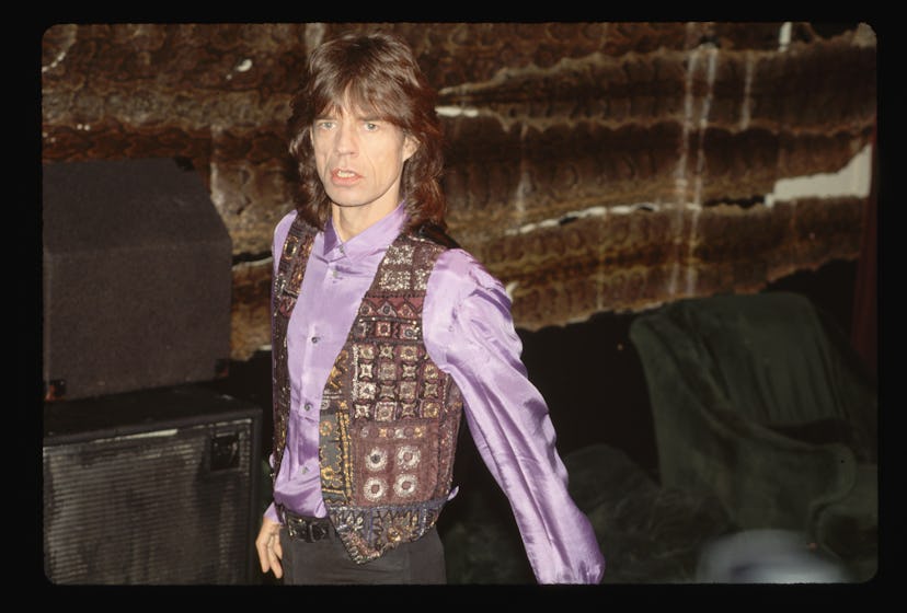 Mick Jagger of The Rolling Stones wears Anna Sui. 