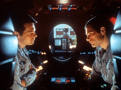 Gary Lockwood talks to Keir Dullea in a scene from the film '2001: A Space Odyssey', 1968. (Photo by...