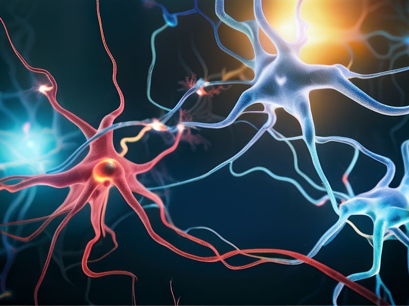 Neurons and Microglia - 3d rendered image of Neuron cell network on black background. Microglial cel...