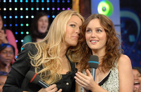 Actresses Blake Lively and Leighton Meester appear on MTV's "TRL" at MTV Studios in New York City's ...