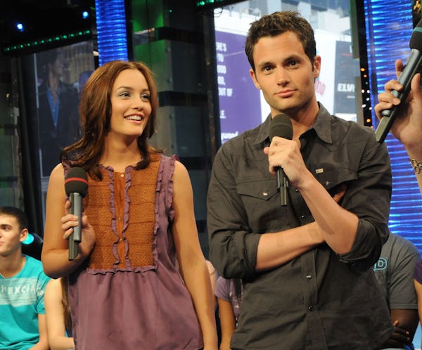 Penn Badgley and Leighton Meester visit MTV'S "TRL" at MTV in Times Square Studios on May 13, 2008 i...