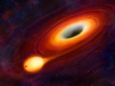 This artwork shows a star being distorted by its close passage to a supermassive black hole at the c...