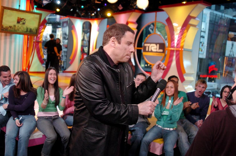 John Travolta during John Travolta and Rachel Bilson Visit MTV’s “TRL” - February 23, 2005 at MTV St…