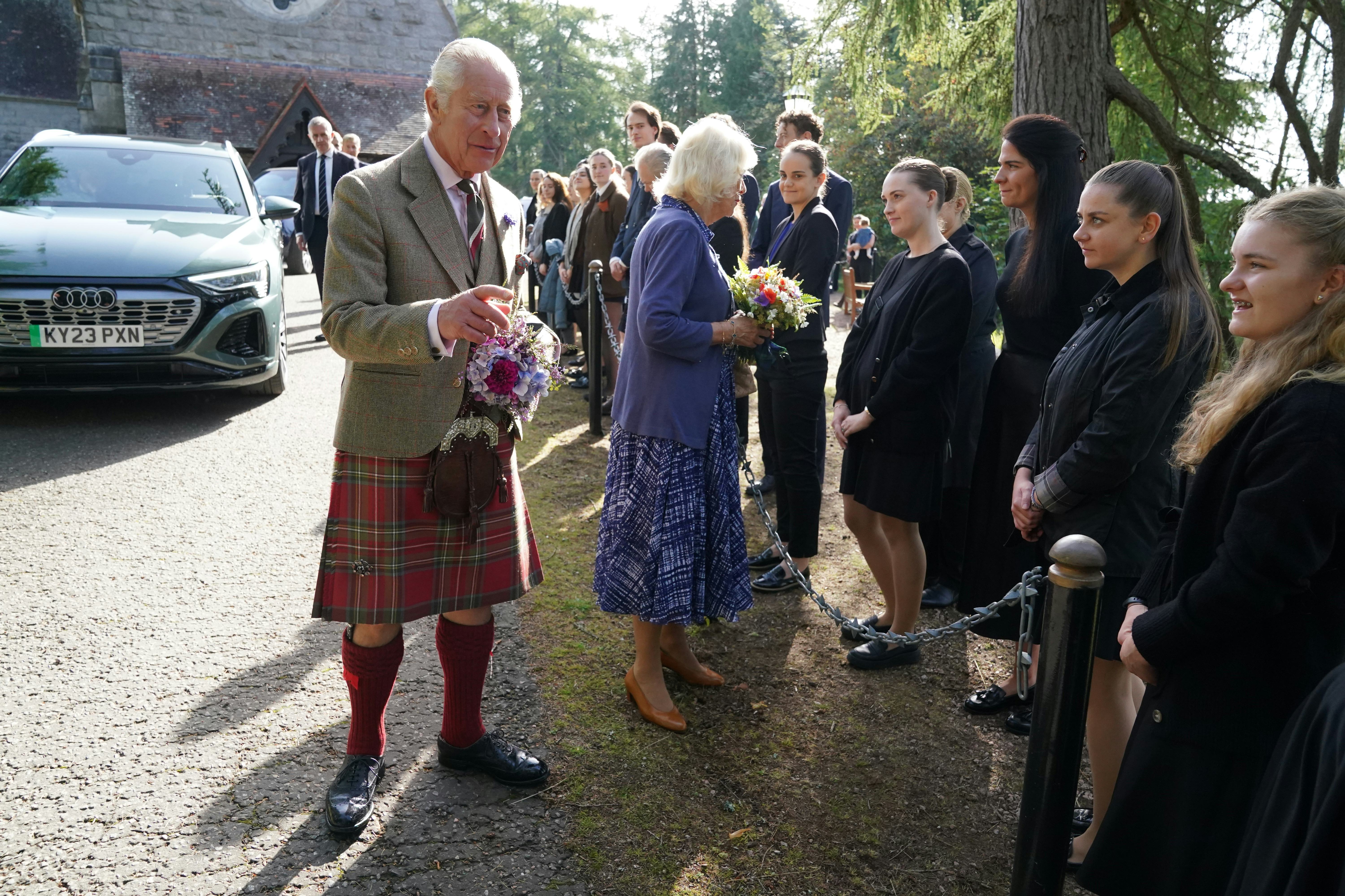 CRATHIE, ABERDEENSHIRE - SEPTEMBER 8: King Charles III and Queen Camilla meet estate staff and membe&hellip;