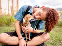Young man giving his cute little chihuahua a kiss while sitting on some grass outside during a walk ...
