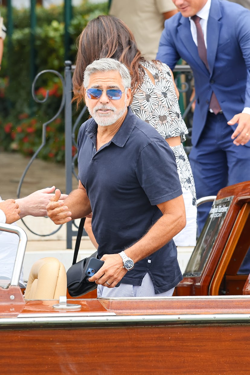 George Clooney is seen arriving at Hotel Cirpiani ahead of the 80th Venice International Film Festiv...