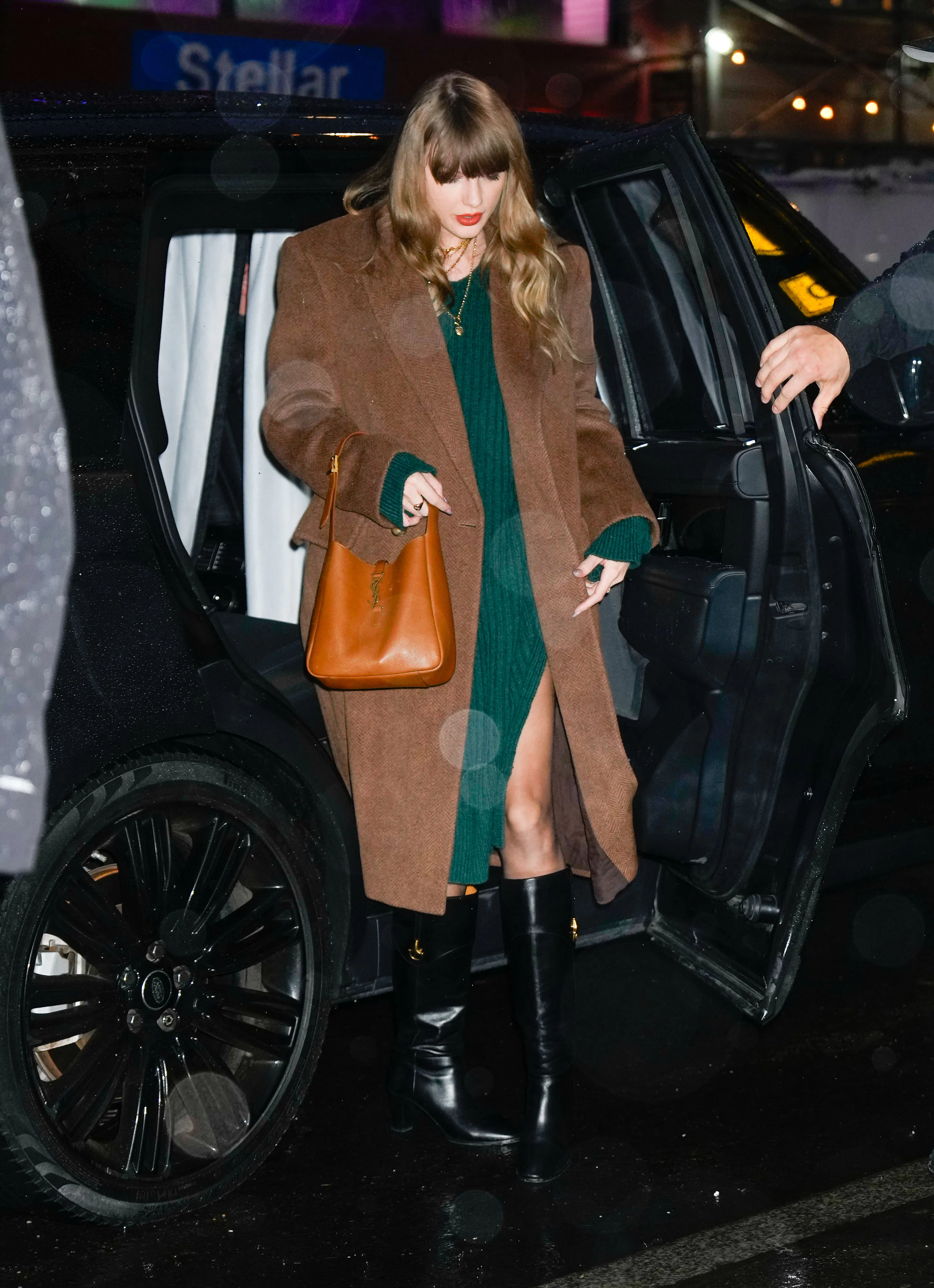 green sweater dress brown boots Uptown Girl Mini Sweater Dress