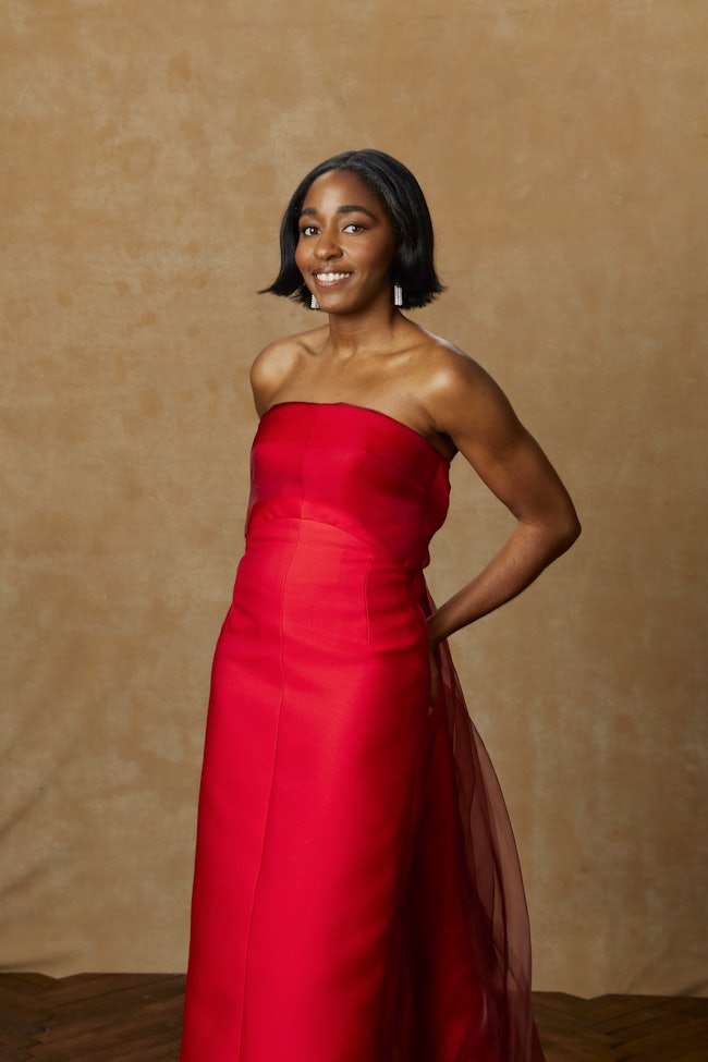 Ayo Edebiri at the portrait booth at the 81st Golden Globe Awards held at the Beverly Hilton Hotel o...