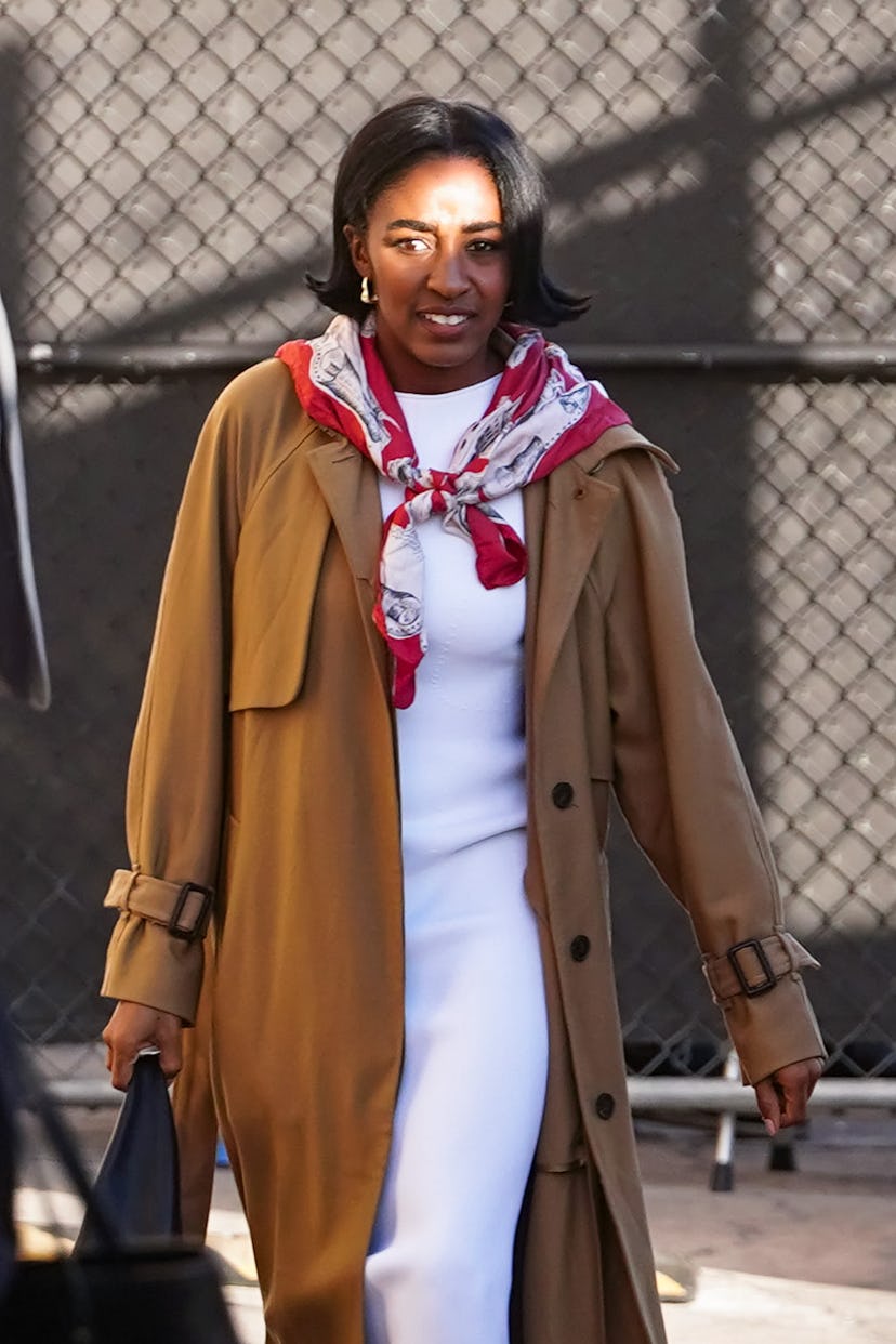 Ayo Edebiri is seen arriving at 'Jimmy Kimmel Live' Show on January 10, 2024 in Los Angeles, Califor...