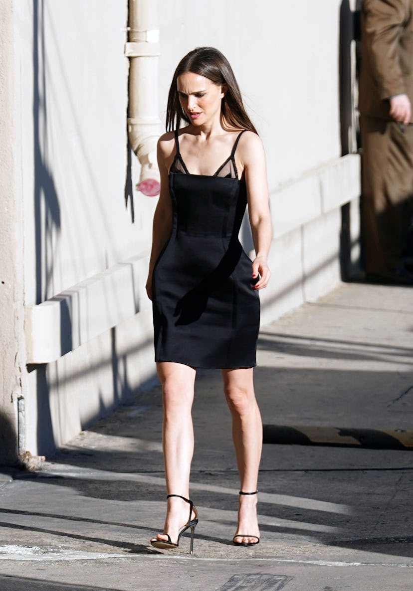 Natalie Portman is seen arriving at 'Jimmy Kimmel Live!' on January 11, 2024 in Los Angeles, Califor...
