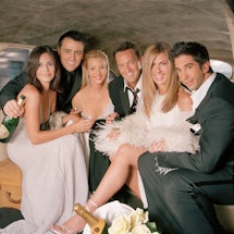 'Friends' stars Courteney Cox, Matt LeBlanc, Lisa Kudrow, Matthew Perry, Jennifer Aniston, and David...